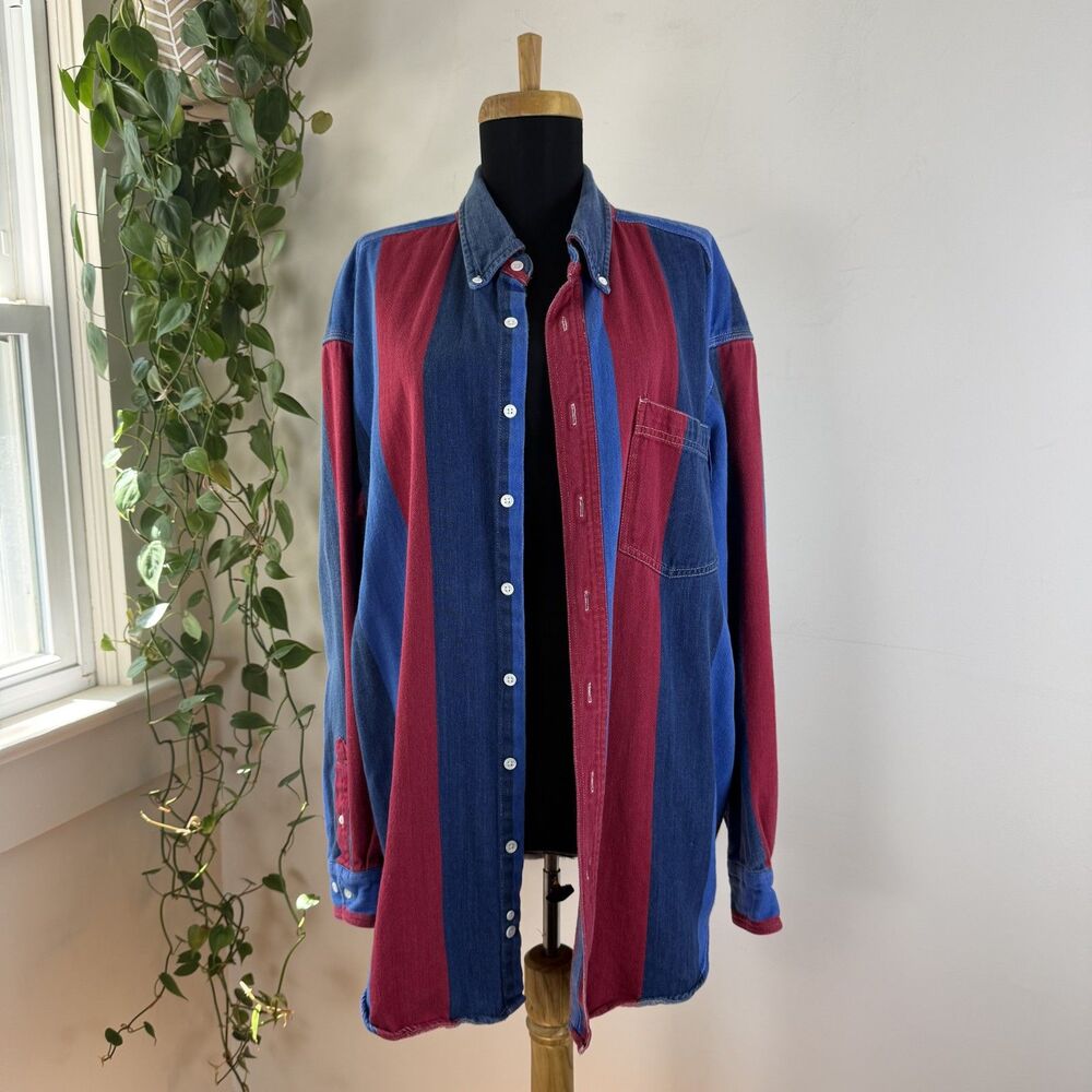 Vintage Color Block Striped Heavy Cotton Button Up | Rugby Preppy, Large